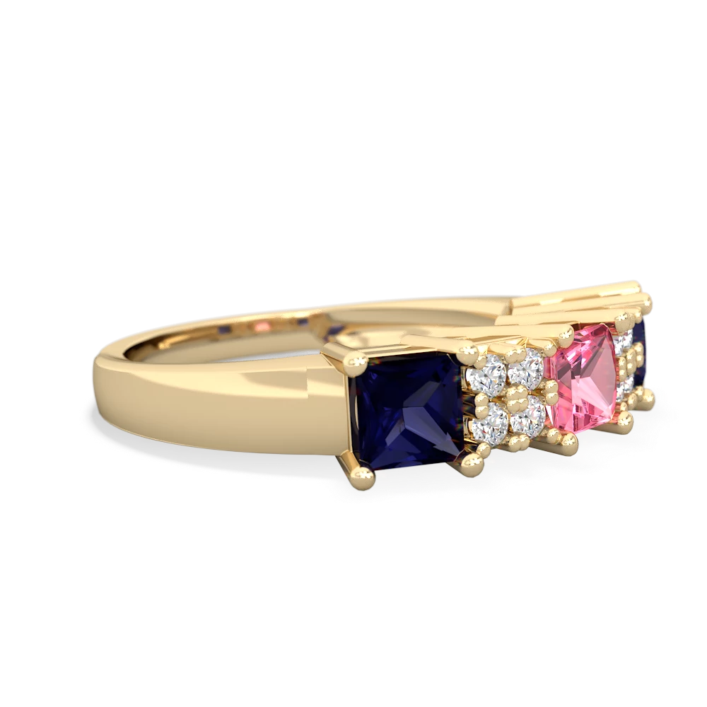 Lab Pink Sapphire Three Stone Diamond Cluster 14K Yellow Gold ring R2592