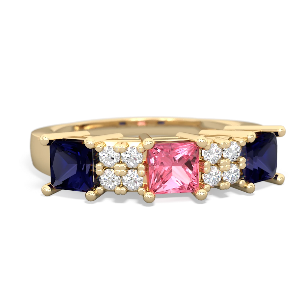 Lab Pink Sapphire Three Stone Diamond Cluster 14K Yellow Gold ring R2592