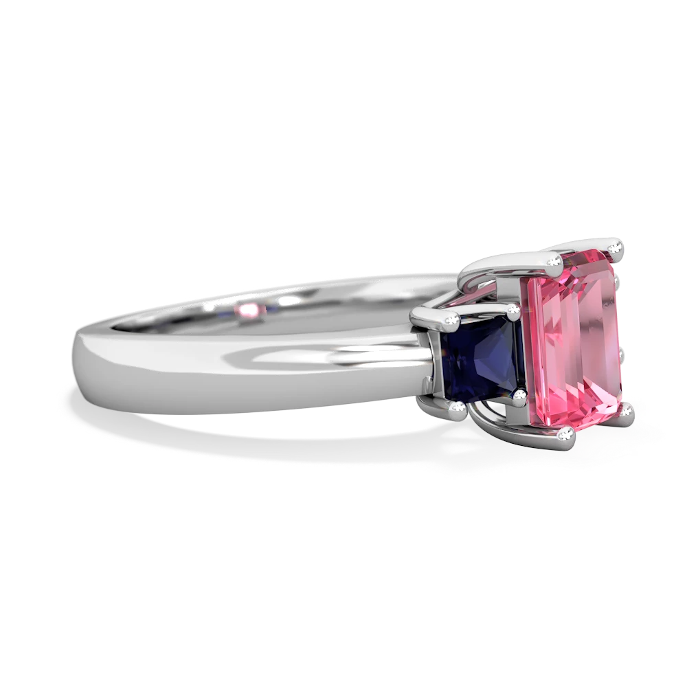 Lab Pink Sapphire Three Stone Emerald-Cut Trellis 14K White Gold ring R4021