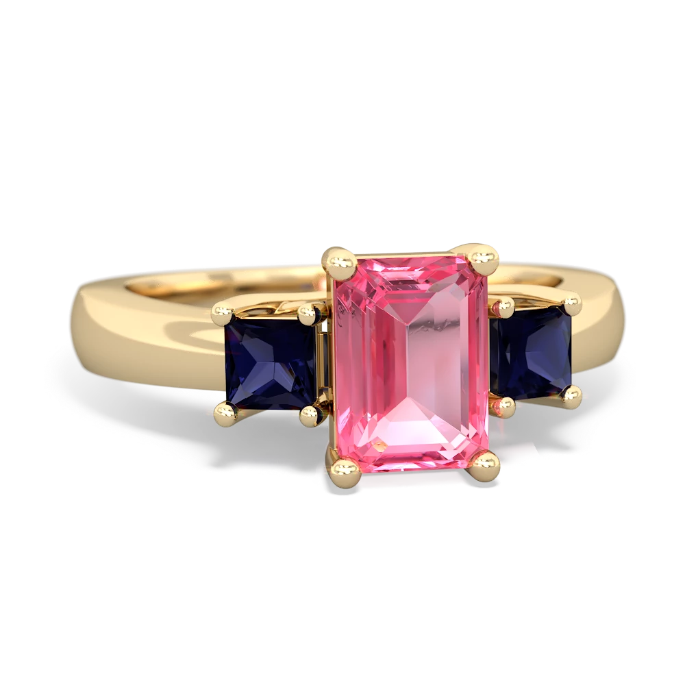 Lab Pink Sapphire Three Stone Emerald-Cut Trellis 14K Yellow Gold ring R4021