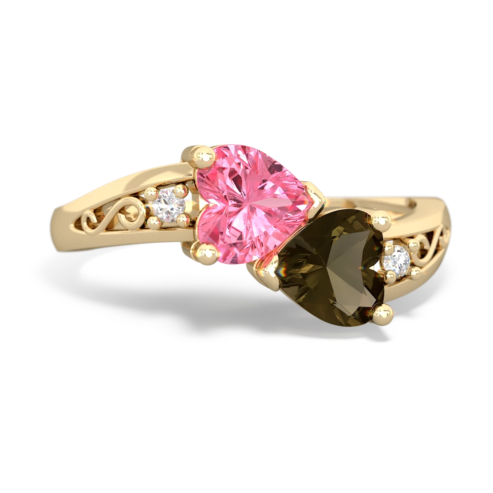 Lab Pink Sapphire Snuggling Hearts 14K Yellow Gold ring R2178