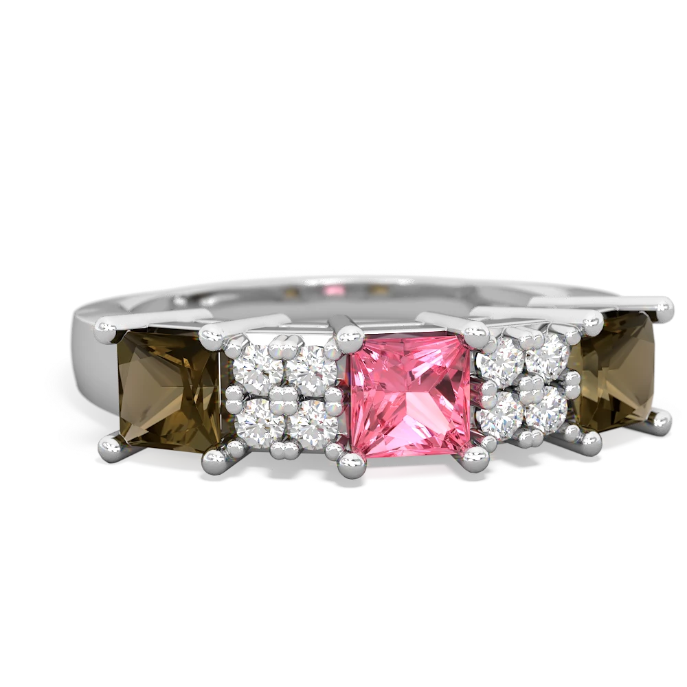 Lab Pink Sapphire Three Stone Diamond Cluster 14K White Gold ring R2592