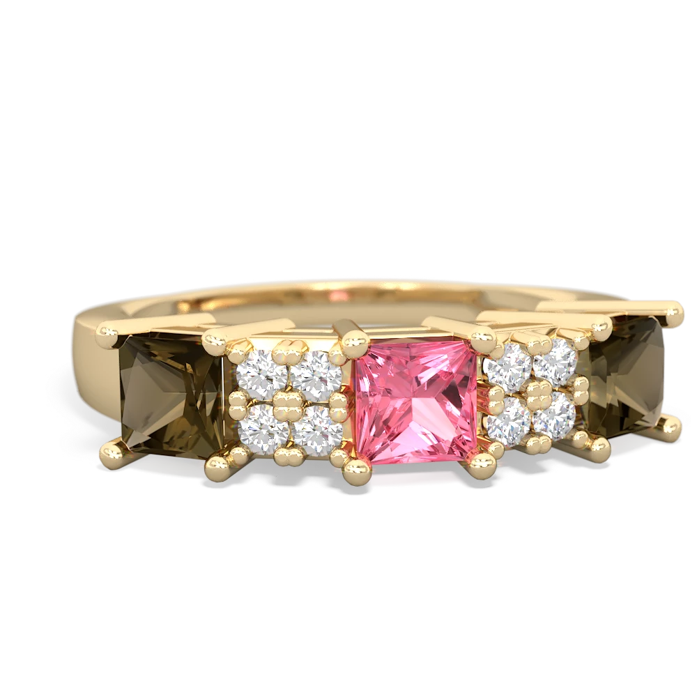 Lab Pink Sapphire Three Stone Diamond Cluster 14K Yellow Gold ring R2592