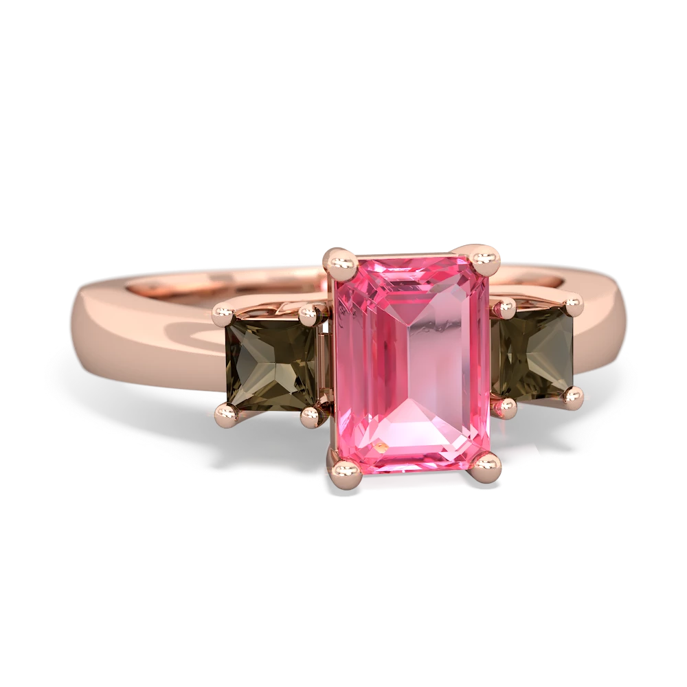 Lab Pink Sapphire Three Stone Emerald-Cut Trellis 14K Rose Gold ring R4021