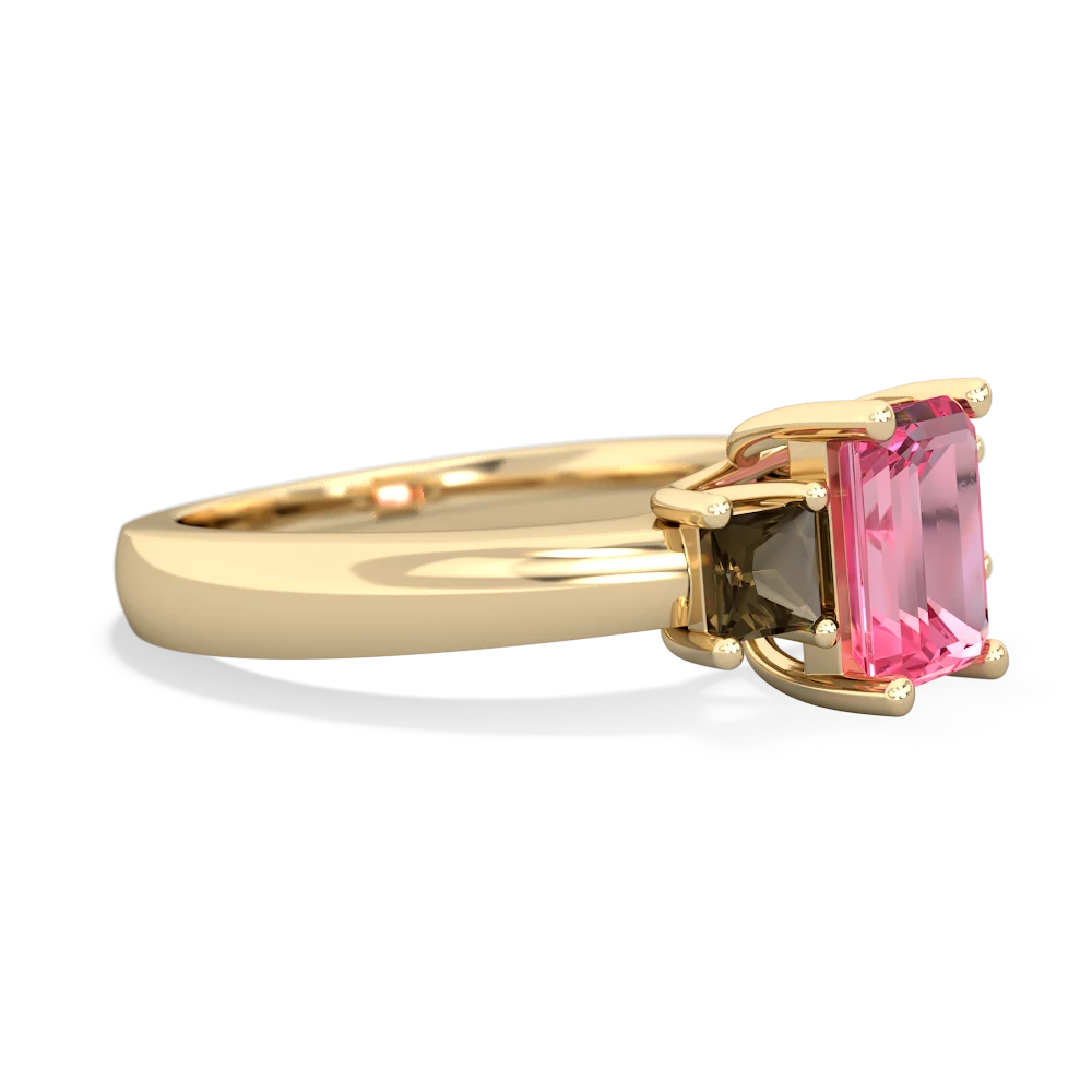 Lab Pink Sapphire Three Stone Emerald-Cut Trellis 14K Yellow Gold ring R4021