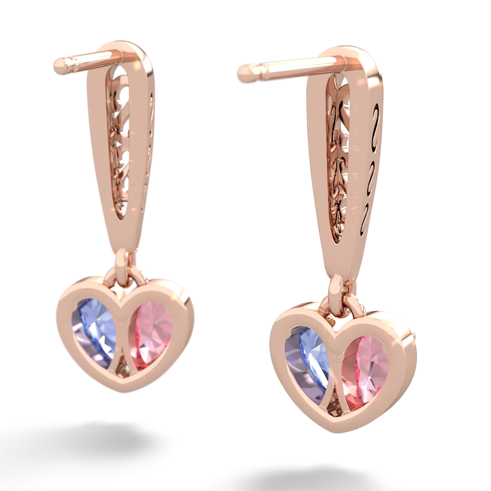 Lab Pink Sapphire Filligree Heart 14K Rose Gold earrings E5070