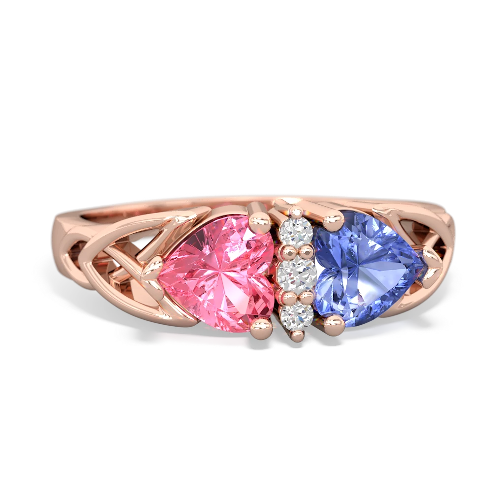 Lab Pink Sapphire Celtic Knot Double Heart 14K Rose Gold ring R5040