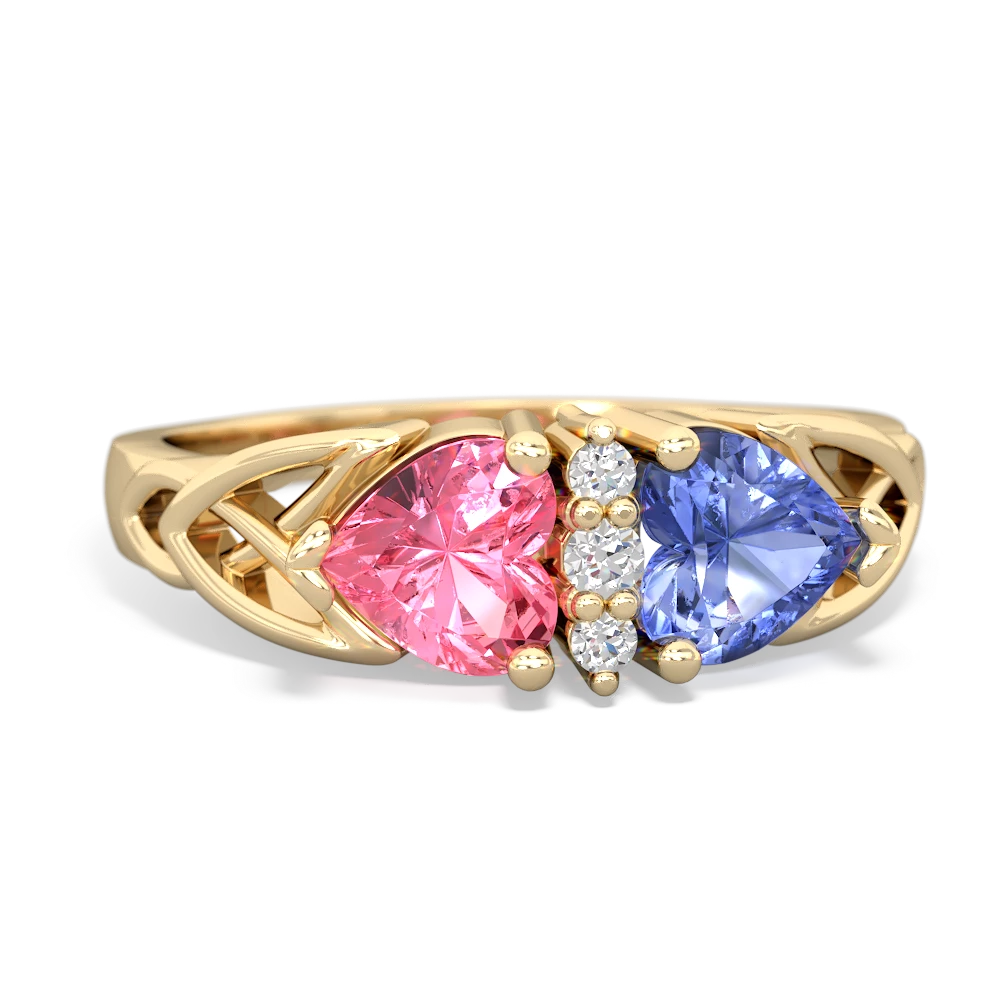 Lab Pink Sapphire Celtic Knot Double Heart 14K Yellow Gold ring R5040