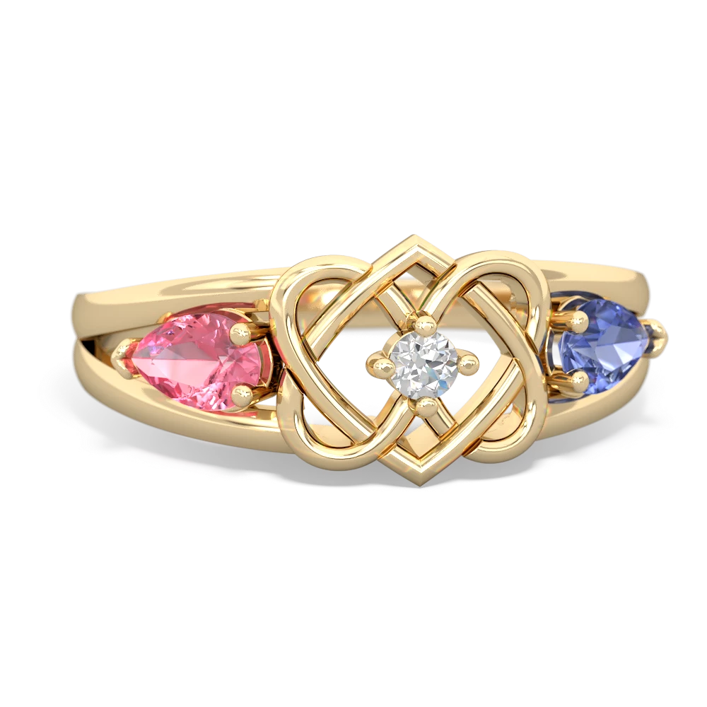 Lab Pink Sapphire Hearts Intertwined 14K Yellow Gold ring R5880