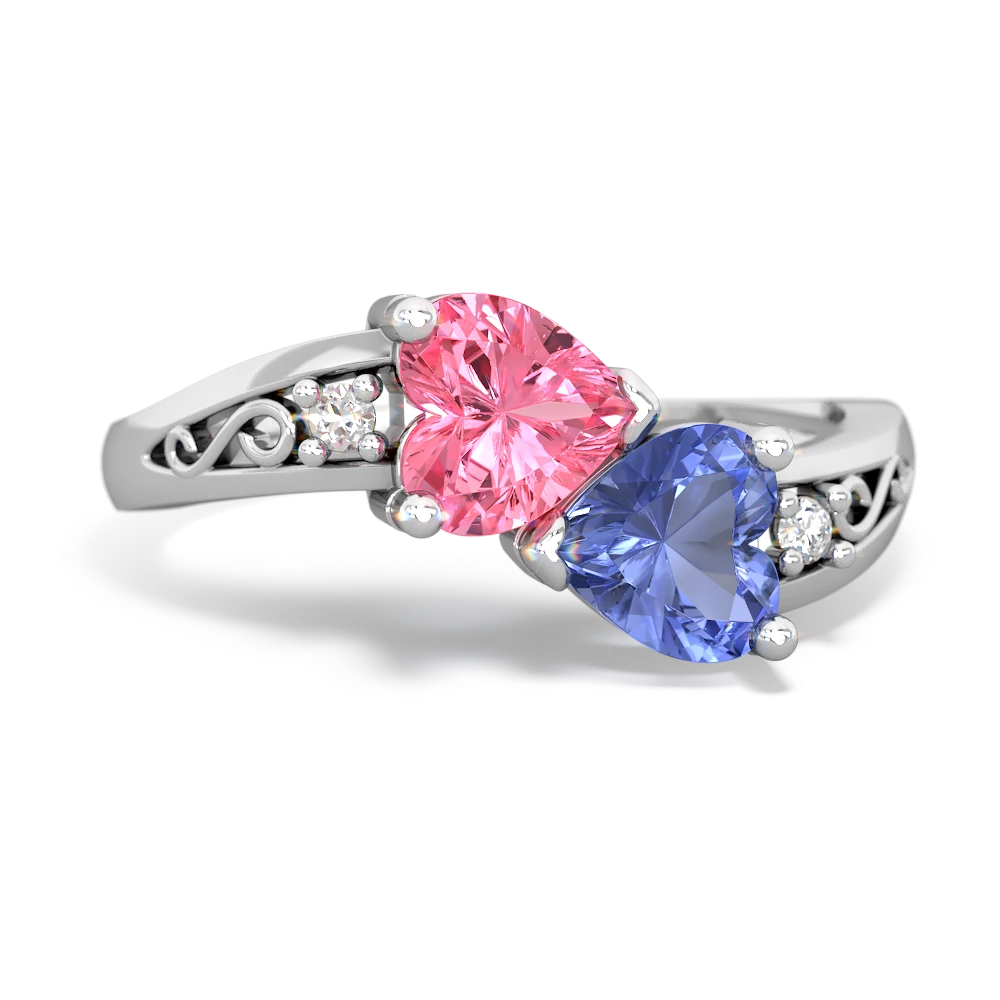 Lab Pink Sapphire Snuggling Hearts 14K White Gold ring R2178