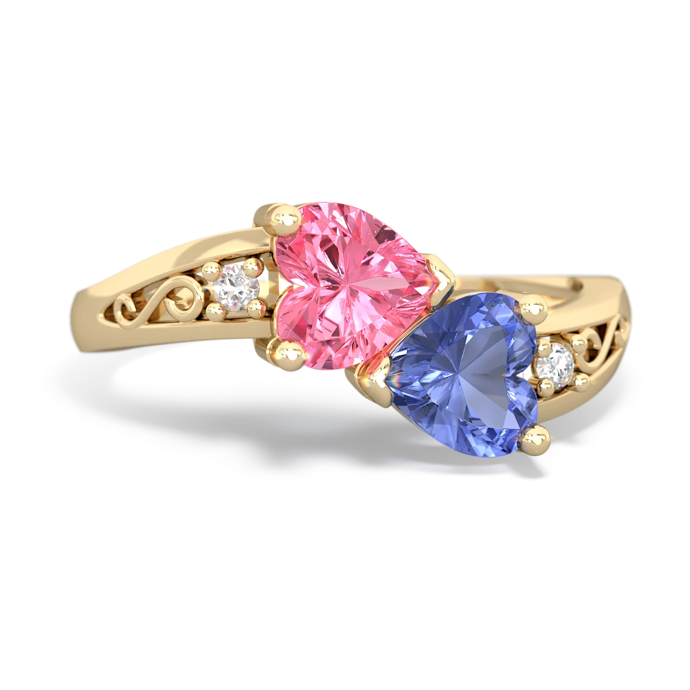 Lab Pink Sapphire Snuggling Hearts 14K Yellow Gold ring R2178