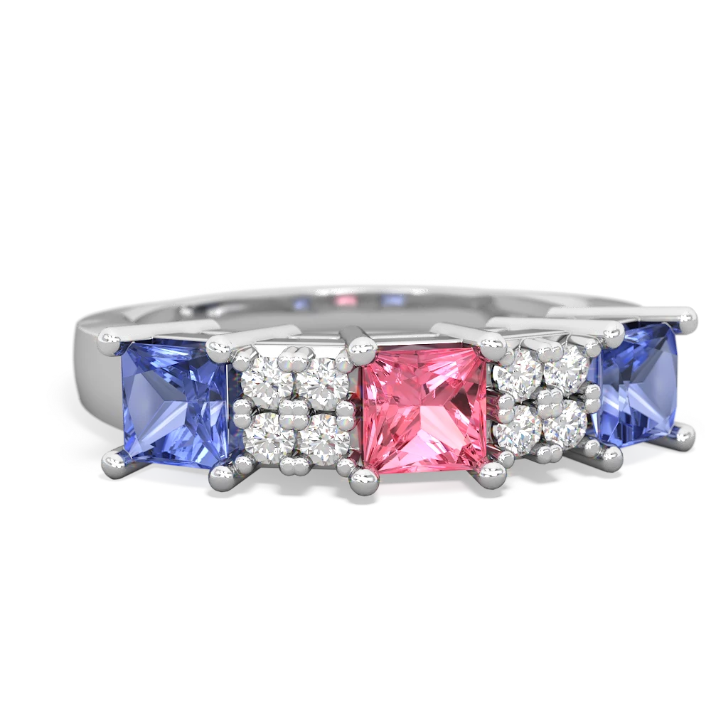 Lab Pink Sapphire Three Stone Diamond Cluster 14K White Gold ring R2592