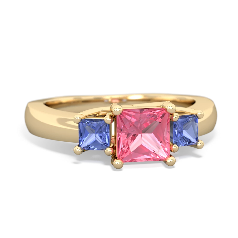 Lab Pink Sapphire Three Stone Trellis 14K Yellow Gold ring R4015