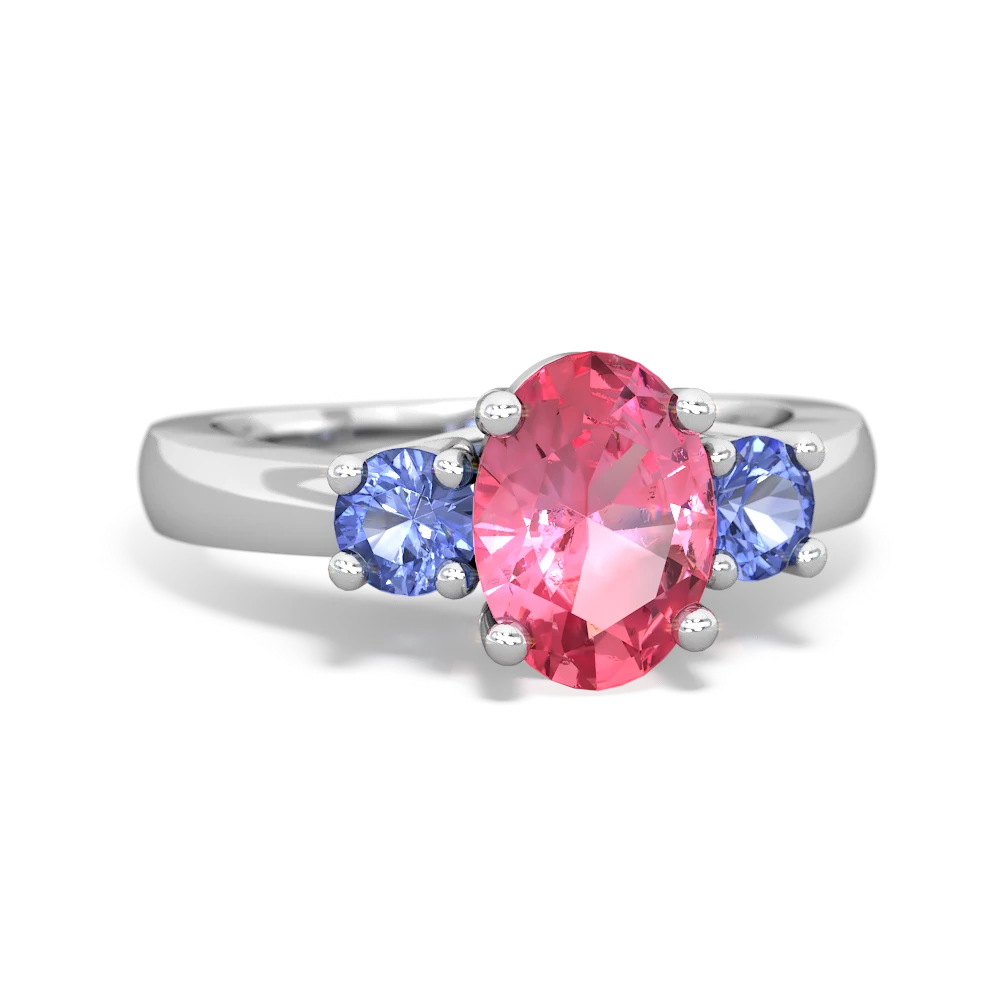 Lab Pink Sapphire Three Stone Oval Trellis 14K White Gold ring R4024