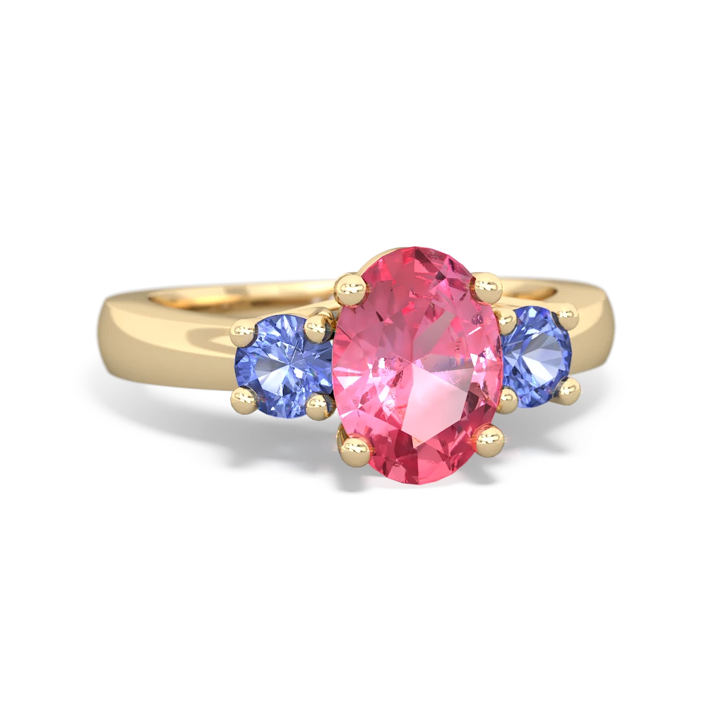 Lab Pink Sapphire Three Stone Oval Trellis 14K Yellow Gold ring R4024