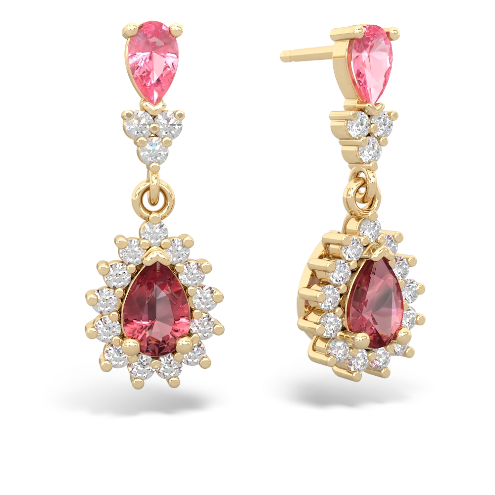 Lab Pink Sapphire Halo Pear Dangle 14K Yellow Gold earrings E1882