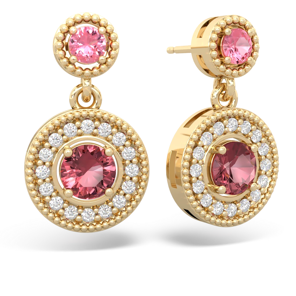 Lab Pink Sapphire Halo Dangle 14K Yellow Gold earrings E5319