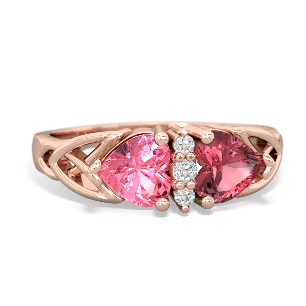 Lab Pink Sapphire Celtic Knot Double Heart 14K Rose Gold ring R5040