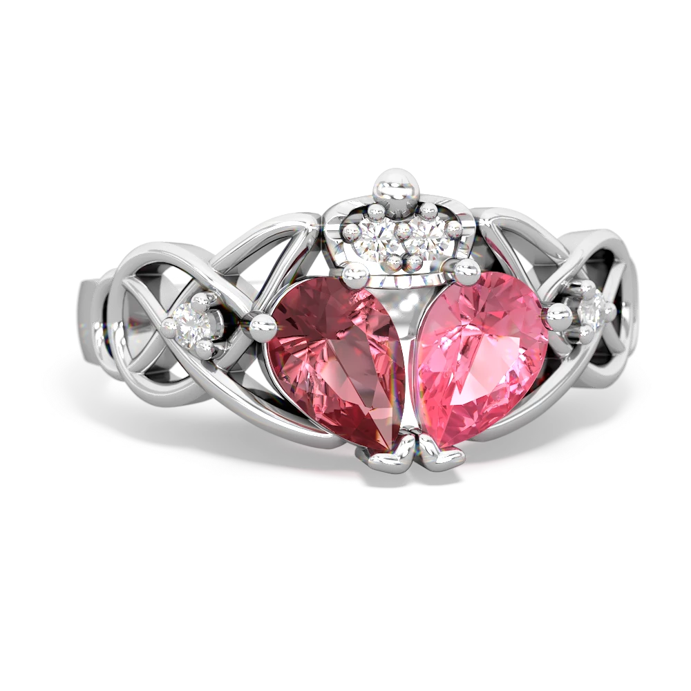 Lab Pink Sapphire 'One Heart' Celtic Knot Claddagh 14K White Gold ring R5322