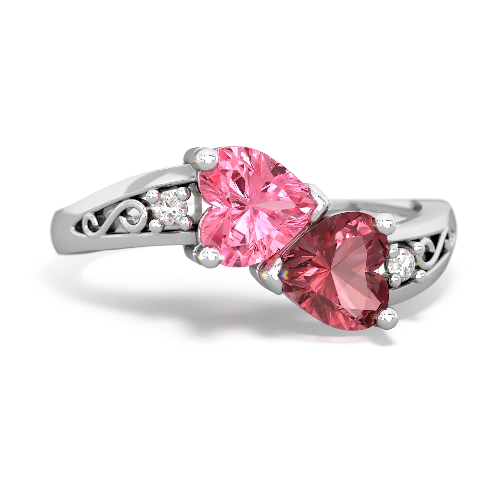 Lab Pink Sapphire Snuggling Hearts 14K White Gold ring R2178