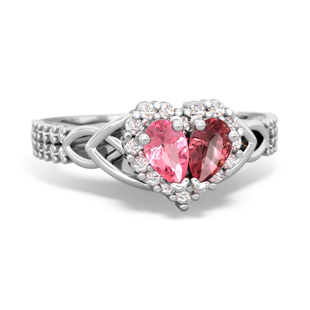 Lab Pink Sapphire Celtic Knot Two Hearts As One 14K White Gold ring R2644HRT