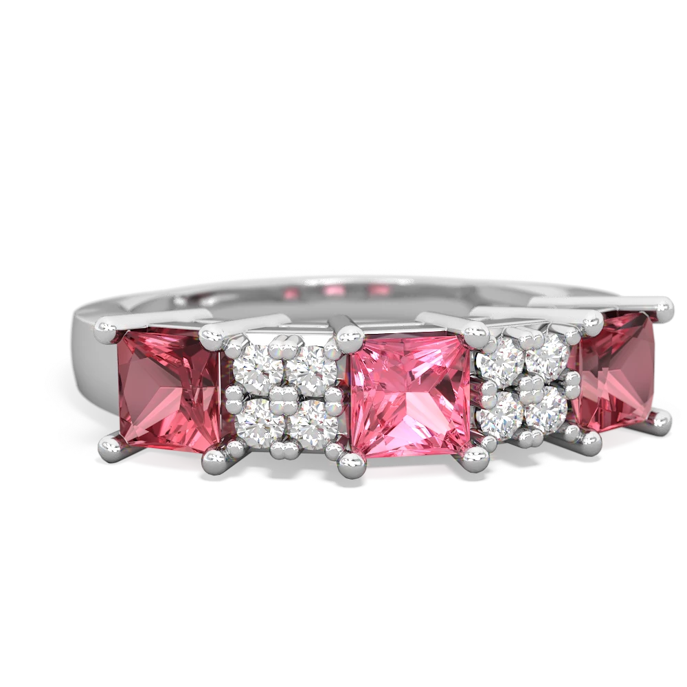 Lab Pink Sapphire Three Stone Diamond Cluster 14K White Gold ring R2592