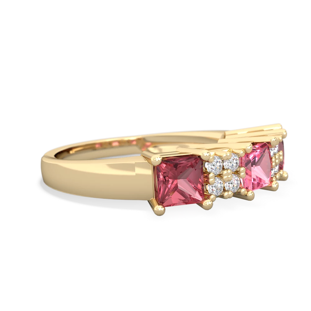 Lab Pink Sapphire Three Stone Diamond Cluster 14K Yellow Gold ring R2592