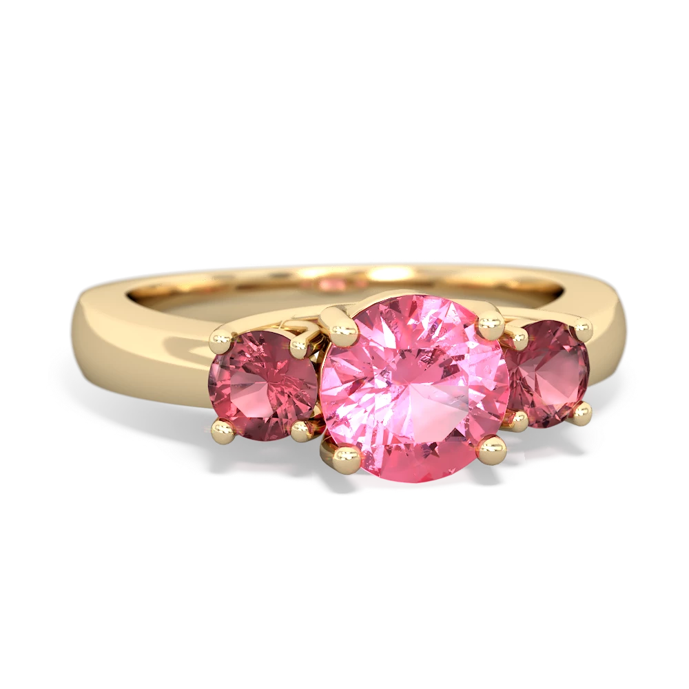 Lab Pink Sapphire Three Stone Round Trellis 14K Yellow Gold ring R4018