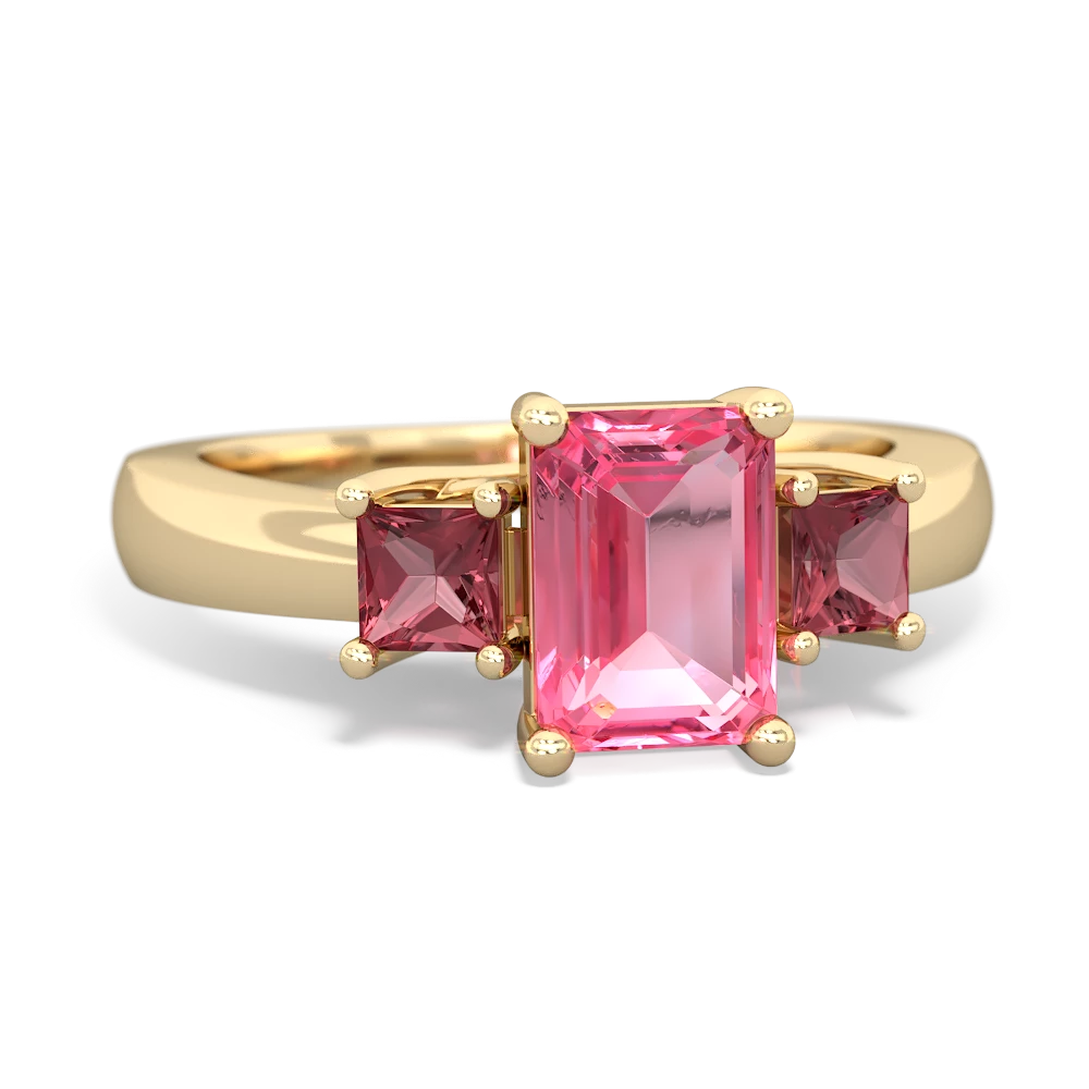 Lab Pink Sapphire Three Stone Emerald-Cut Trellis 14K Yellow Gold ring R4021