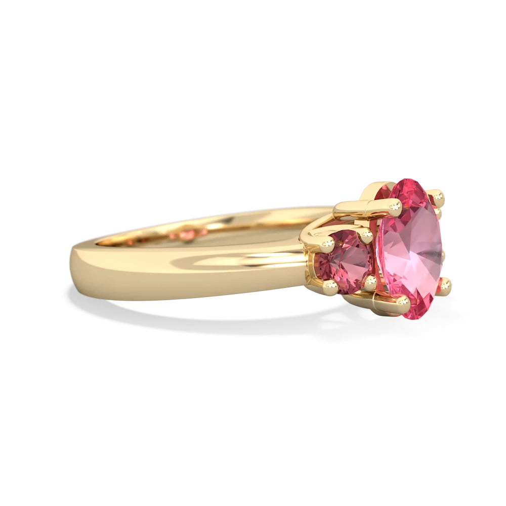 Lab Pink Sapphire Three Stone Oval Trellis 14K Yellow Gold ring R4024