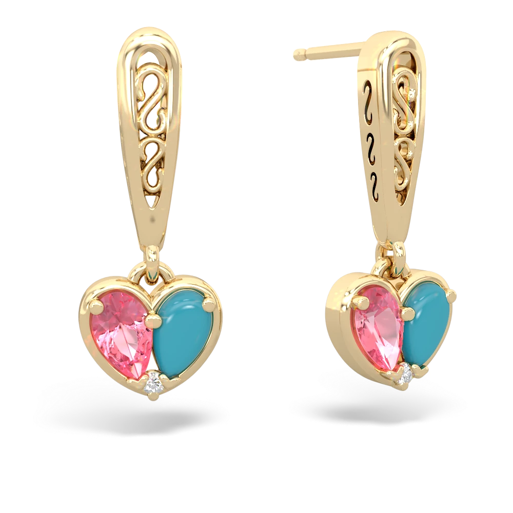 Lab Pink Sapphire Filligree Heart 14K Yellow Gold earrings E5070