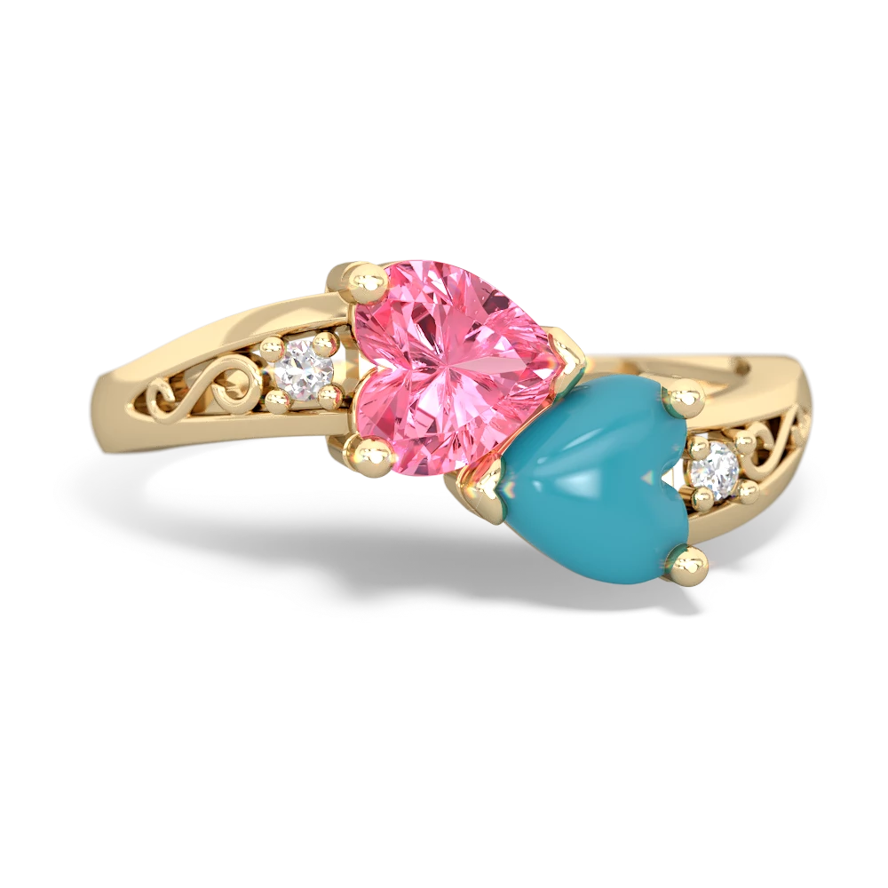 Lab Pink Sapphire Snuggling Hearts 14K Yellow Gold ring R2178