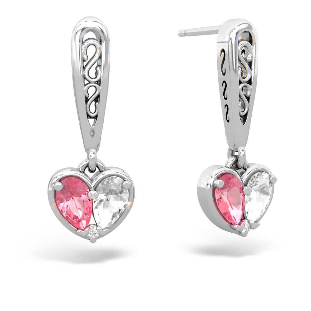 Lab Pink Sapphire Filligree Heart 14K White Gold earrings E5070