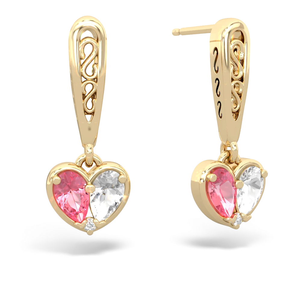 Lab Pink Sapphire Filligree Heart 14K Yellow Gold earrings E5070