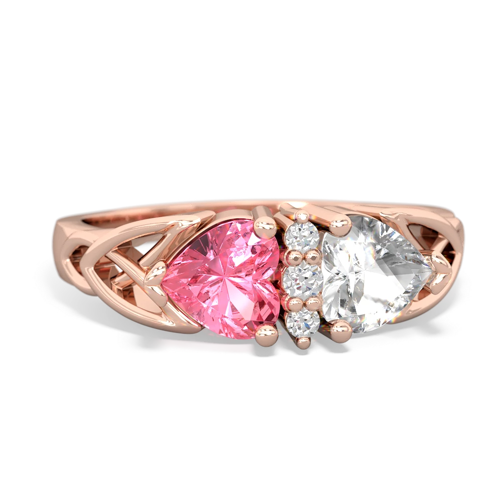 Lab Pink Sapphire Celtic Knot Double Heart 14K Rose Gold ring R5040