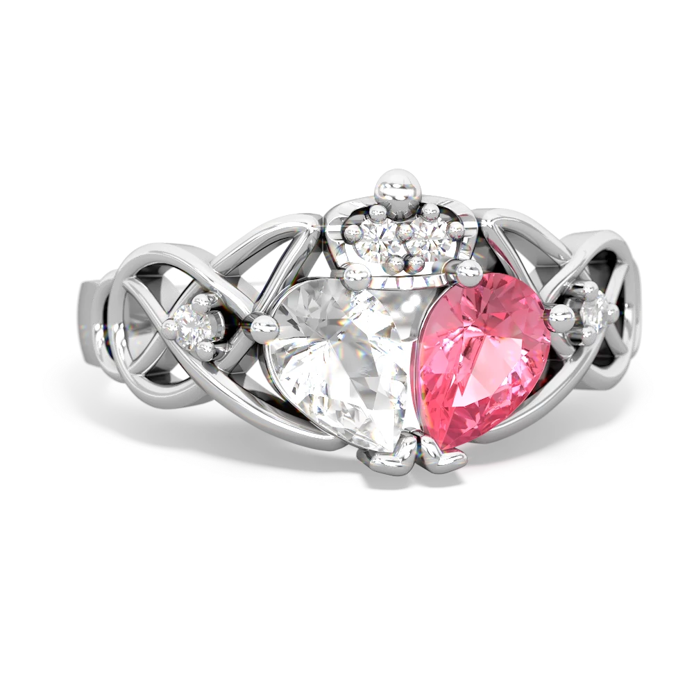 Lab Pink Sapphire 'One Heart' Celtic Knot Claddagh 14K White Gold ring R5322