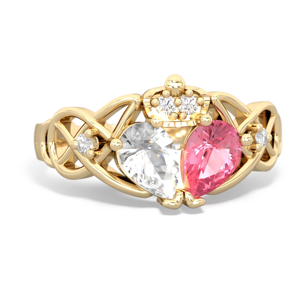 Lab Pink Sapphire 'One Heart' Celtic Knot Claddagh 14K Yellow Gold ring R5322