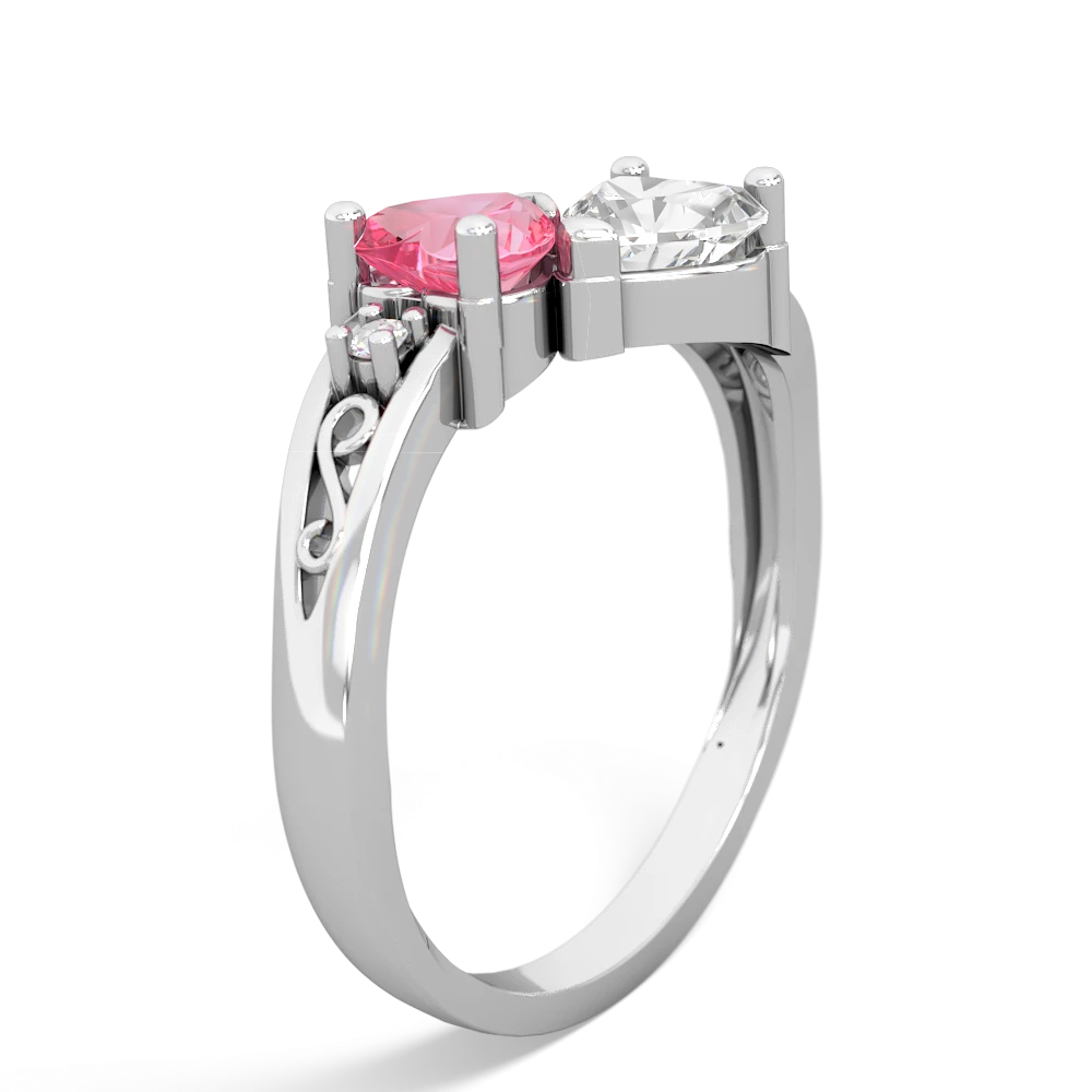 Lab Pink Sapphire Snuggling Hearts 14K White Gold ring R2178