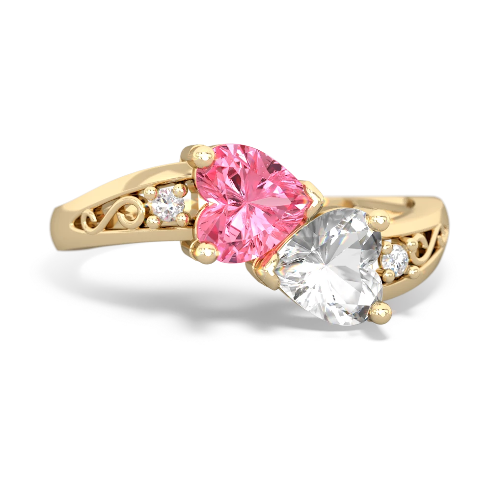 Lab Pink Sapphire Snuggling Hearts 14K Yellow Gold ring R2178