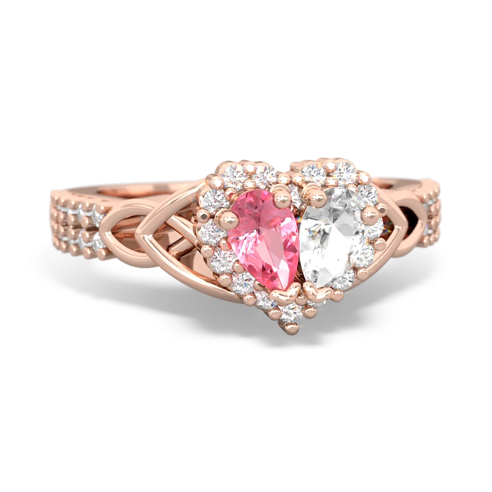 Lab Pink Sapphire Celtic Knot Two Hearts As One 14K Rose Gold ring R2644HRT