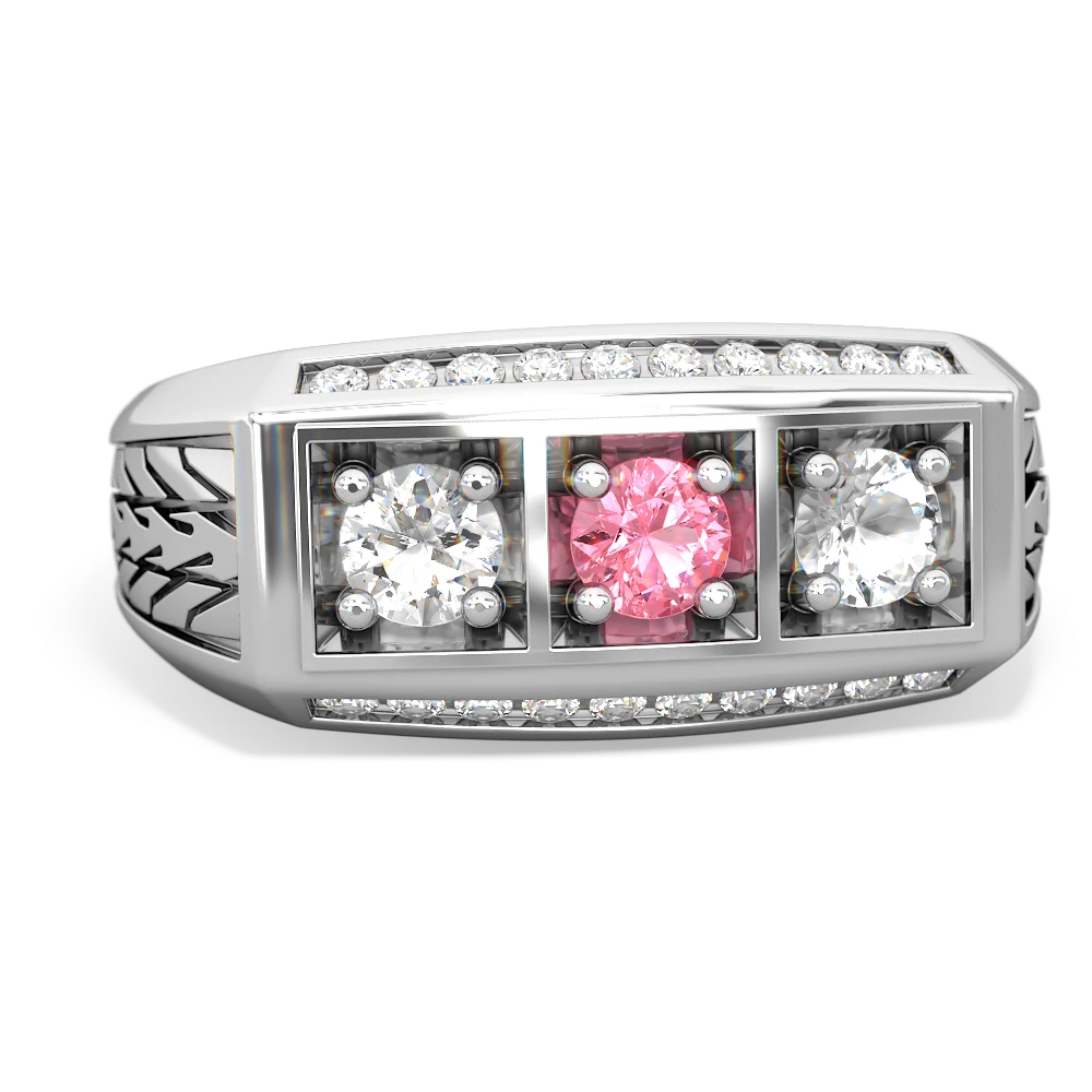 Lab Pink Sapphire Three Stone Tire Tread Men's 14K White Gold ring R0520