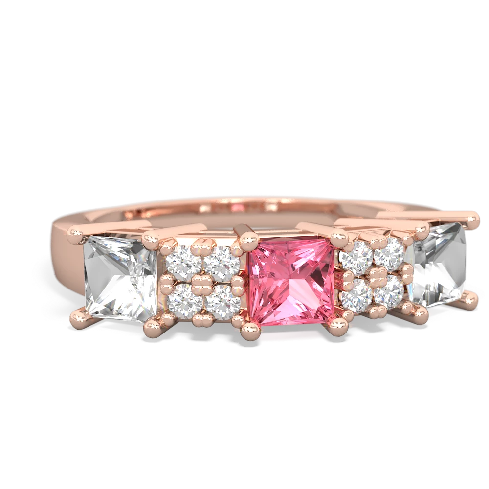 Lab Pink Sapphire Three Stone Diamond Cluster 14K Rose Gold ring R2592