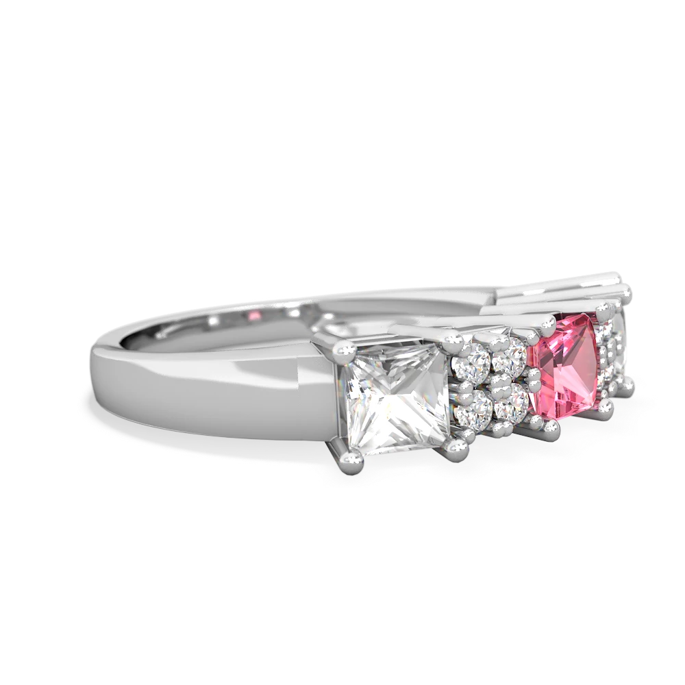 Lab Pink Sapphire Three Stone Diamond Cluster 14K White Gold ring R2592