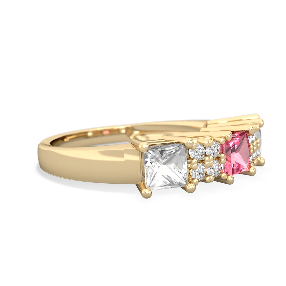 Lab Pink Sapphire Three Stone Diamond Cluster 14K Yellow Gold ring R2592