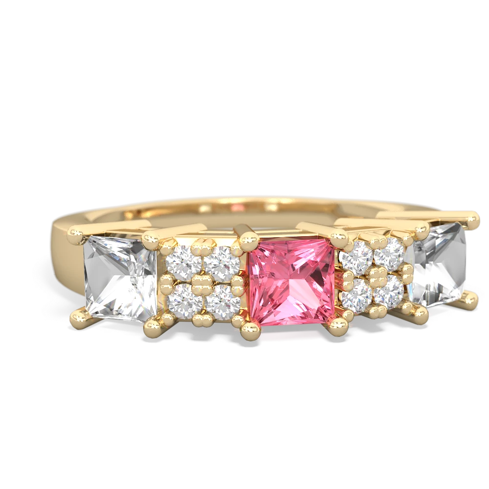 Lab Pink Sapphire Three Stone Diamond Cluster 14K Yellow Gold ring R2592