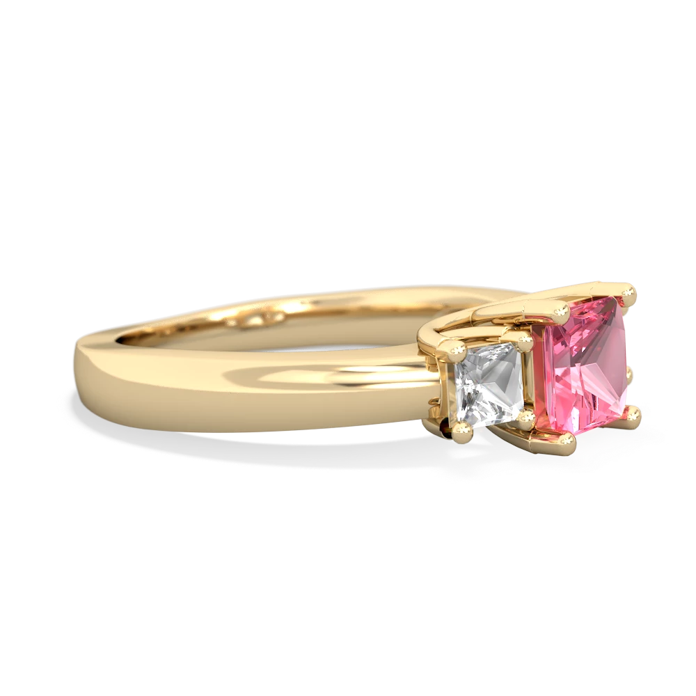 Lab Pink Sapphire Three Stone Trellis 14K Yellow Gold ring R4015