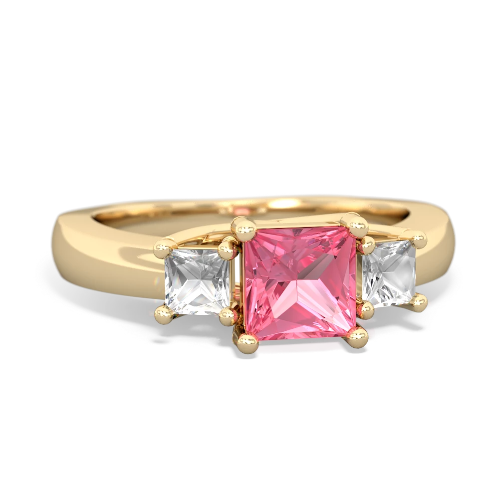 Lab Pink Sapphire Three Stone Trellis 14K Yellow Gold ring R4015