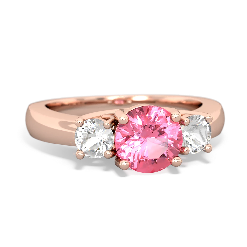 Lab Pink Sapphire Three Stone Round Trellis 14K Rose Gold ring R4018