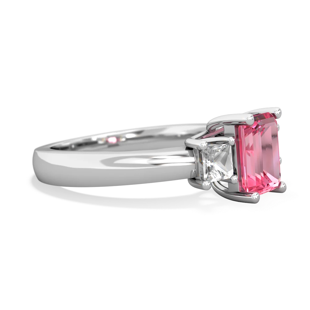 Lab Pink Sapphire Three Stone Emerald-Cut Trellis 14K White Gold ring R4021