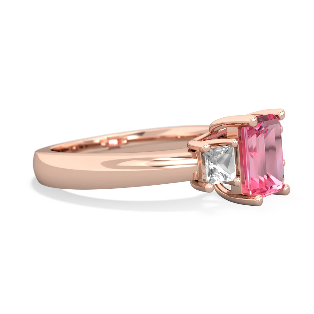 Lab Pink Sapphire Three Stone Emerald-Cut Trellis 14K Rose Gold ring R4021